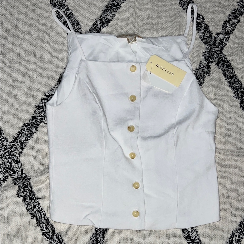 New with Tag Monteau Los Angeles Size M White Linen Blend Button-Up Halter Top